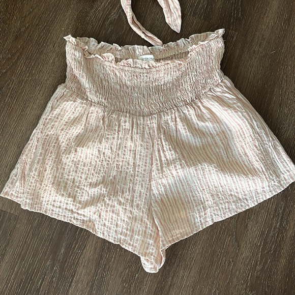 Cotton Candy LA 2 pc short set,pink/cream pin stripe, ruched, front tie bralette - Picture 2 of 7